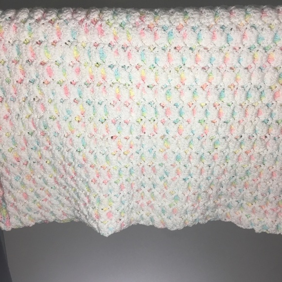 Homemade Baby Blanket knit white & pastels 40”x30” - Picture 4 of 7